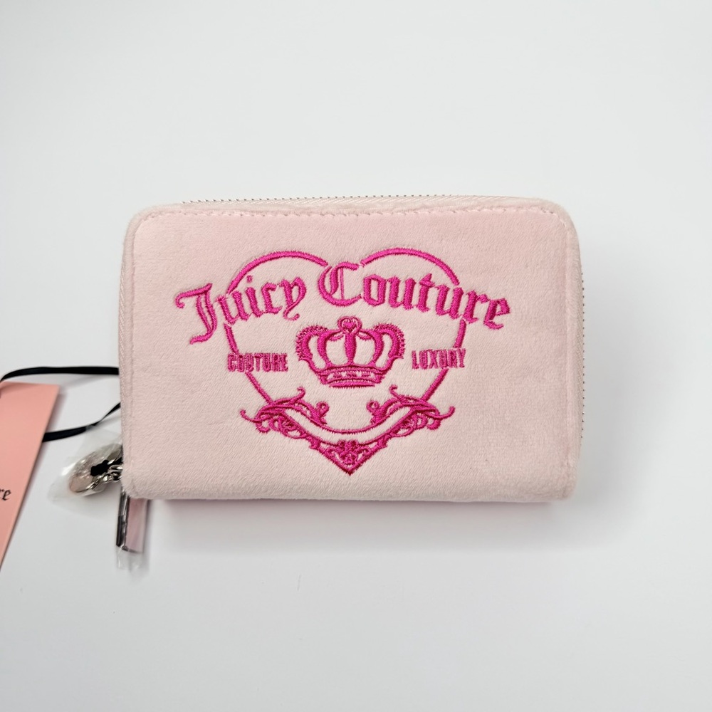 Juicy Couture Girlie Royalty Double Medium Zip Wallet Chiffon Pink Embroidered